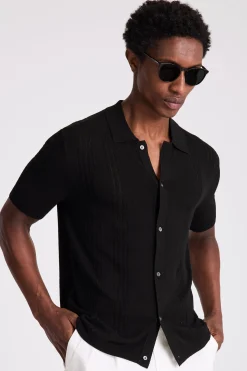 Black Bouclé Pointelle Button Through Shirt