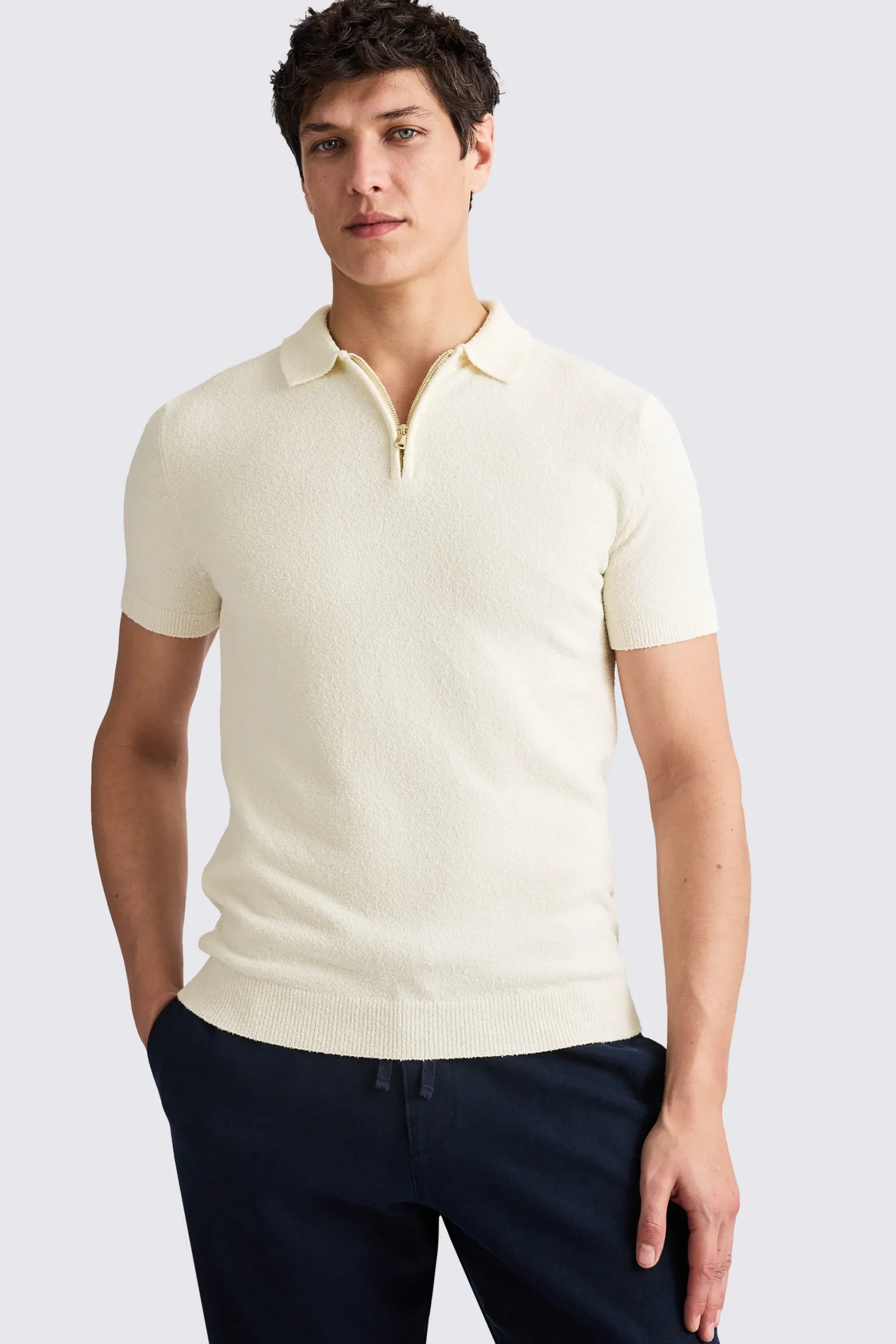 Ecru Bouclé Zip-Neck Polo Shirt