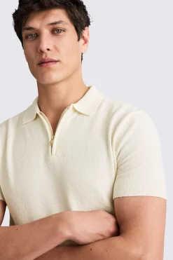 Ecru Bouclé Zip-Neck Polo Shirt