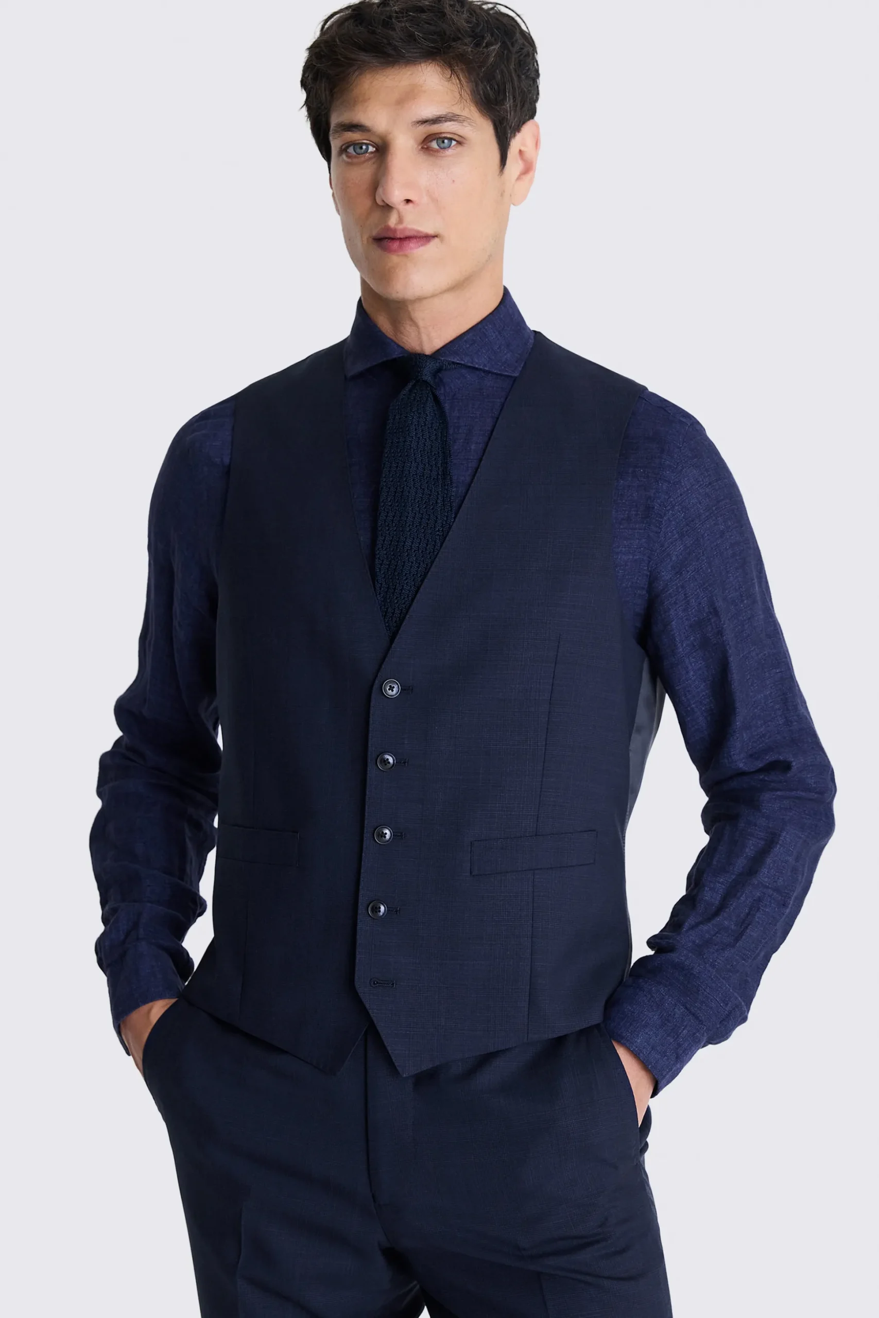 Italian Tailored Fit Navy Check Waistcoat