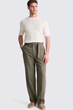 Khaki Cotton Linen Self Belt Trousers