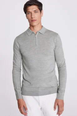Light Grey Merino Zip-Neck Polo Shirt