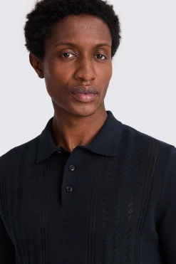Navy 3 Button Pointelle Polo Shirt