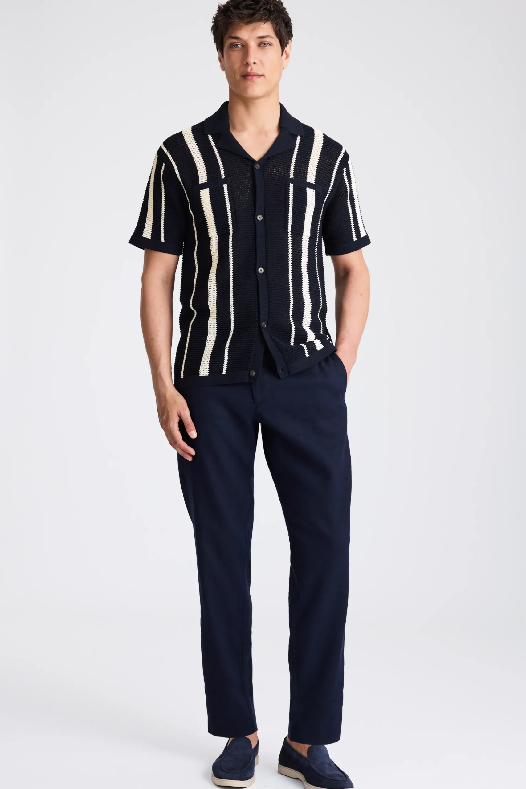 Navy & White Stripe Open Knit Shirt