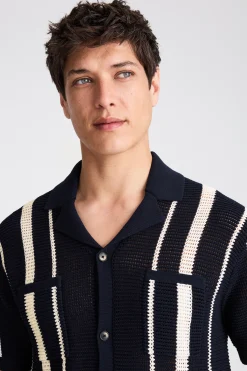 Navy & White Stripe Open Knit Shirt
