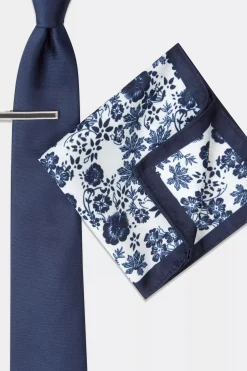Navy Floral Tie, Hank & Tie Bar Set