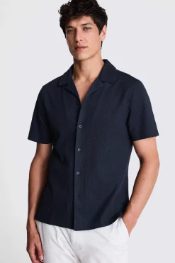 Navy Knitted Cuban Collar Shirt