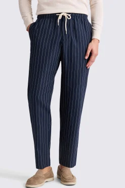 Navy Linen Cotton Stripe Drawstring Trousers