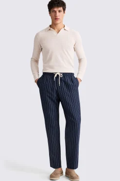 Navy Linen Cotton Stripe Drawstring Trousers