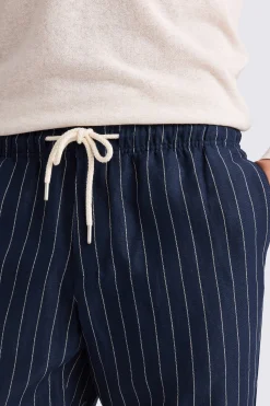 Navy Linen Cotton Stripe Drawstring Trousers