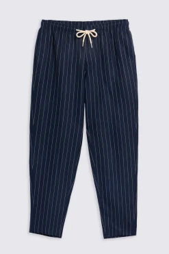 Navy Linen Cotton Stripe Drawstring Trousers