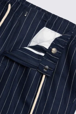 Navy Linen Cotton Stripe Drawstring Trousers