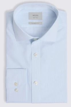 Tailored Fit White and Sky Poplin Stripe Non-Iron Shirt