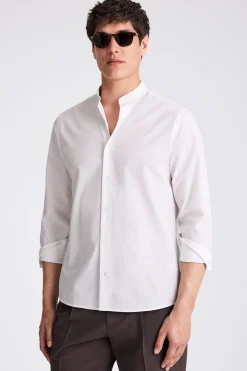 White Seersucker Grandad Collar Shirt