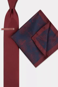Wine Floral Tie, Hank & Tie Bar Set