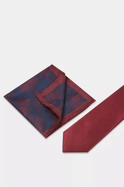 Wine Floral Tie, Hank & Tie Bar Set